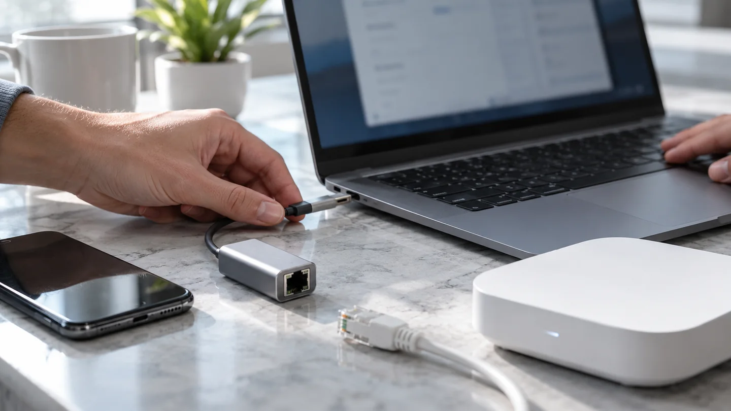 手部连接笔记本USB-C网络适配器,旁边放有手机与无线网关